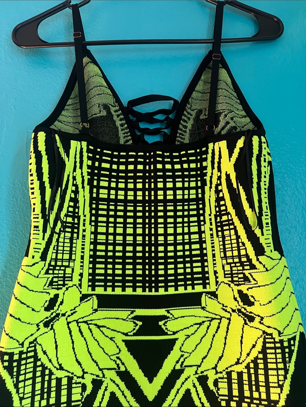 Neon Yellow & Black Geometric Bodycon Bandage Dress Large - Picture 7 of 13